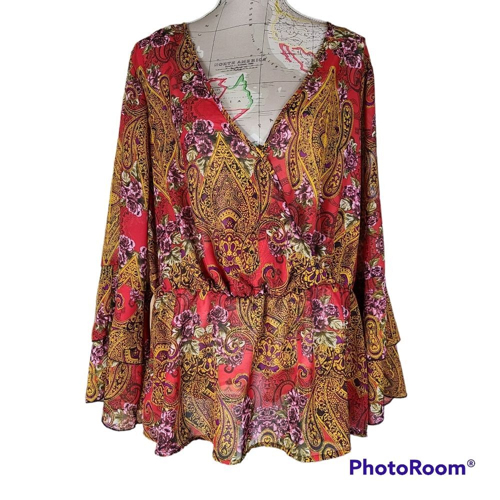 Unique Spectrum Size 3X Red Gold V-Neck Sheer Ruffled Sleeve Bohemian Blouse